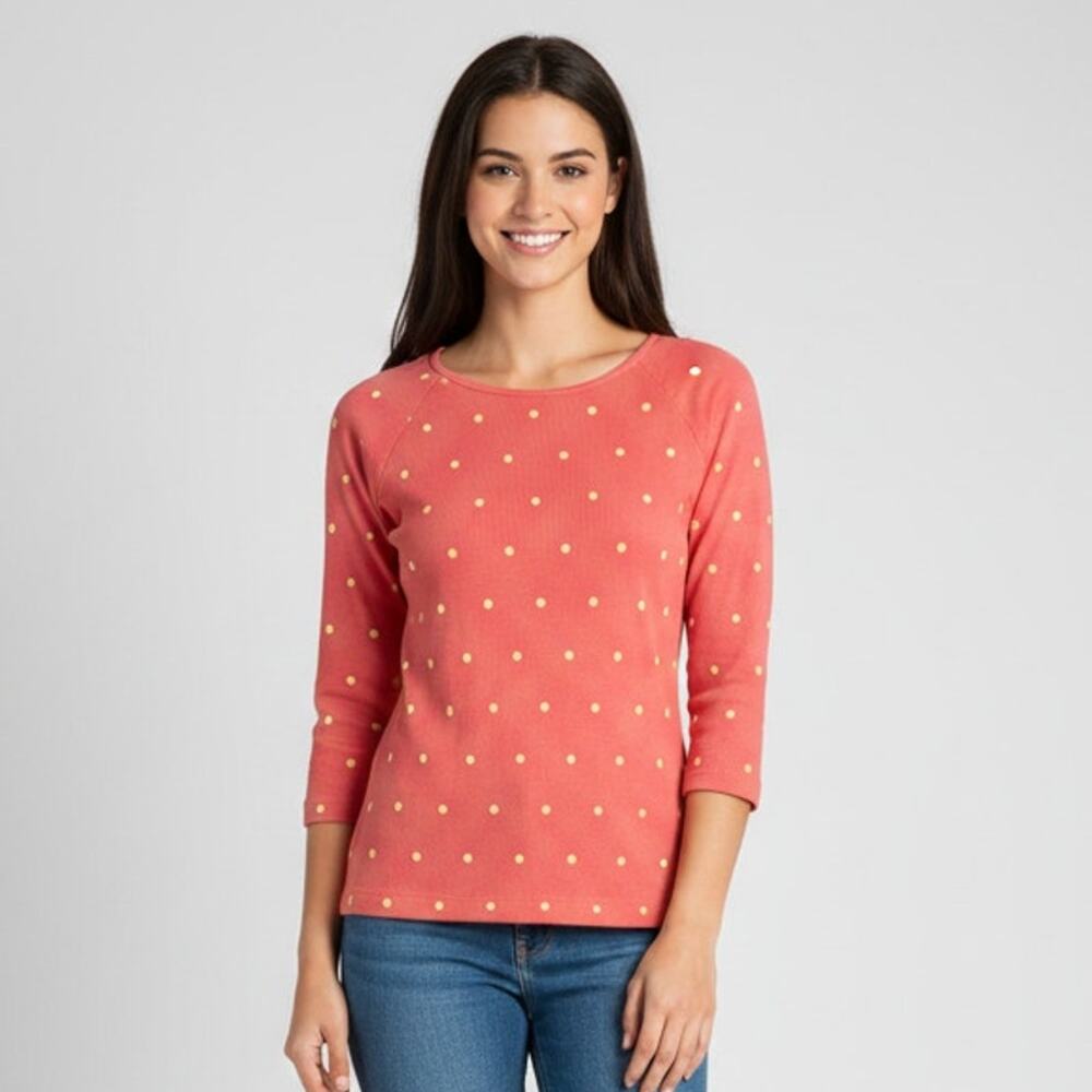 Onque Women's Polka Dot Knit Top Size Small Pink 3/4 Sleeve Crewneck 100% Cotton